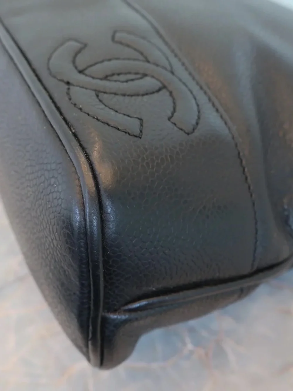 Authentic CHANEL triple CC black caviar leather shopping tote